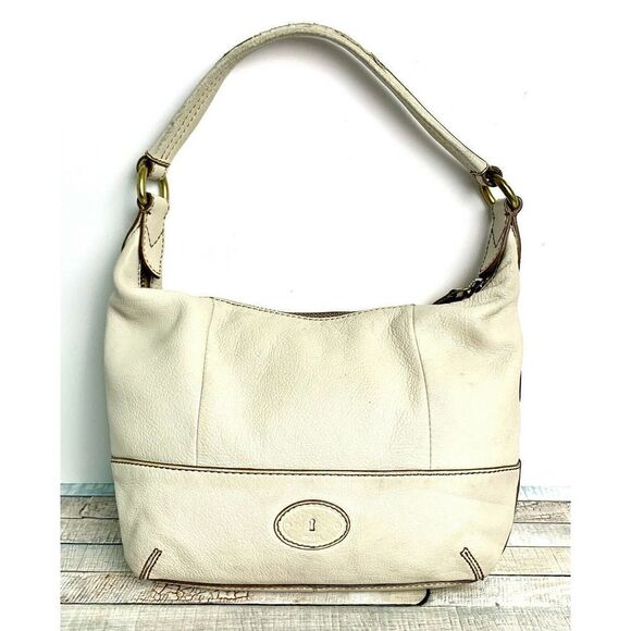 VINTAGE FOSSIL IVORY GENUINE LEATHER MEDIUM HOBO TOTE SHOULDER BAG HANDBAG PURSE - Picture 5 of 11